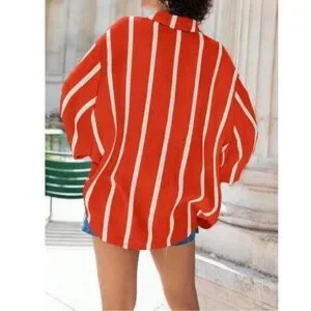 Red with White Stripes Oversized Button Down Shirt Long Sleeve - Picture 4 of 5
